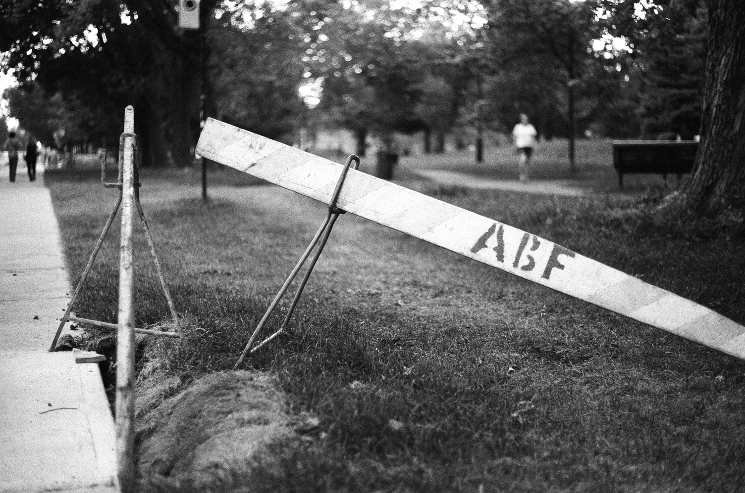 two wooden construction barriers at angles to each other
at the edge of a park.
neither are supported on both sides.
one is coming towards the camera,
the other is going across.
it says ABF on it.