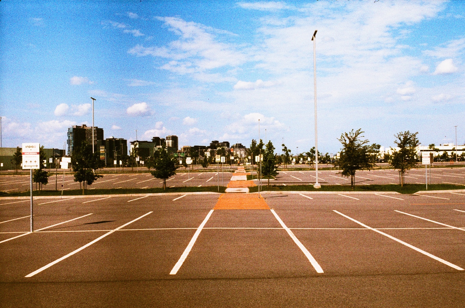 a vast and empty parking lot
under a blue sky fading into clouds.
we are looking down a line of crosswalks
that cross the lot.
there are rows of young trees
and lots of signs on metal poles.