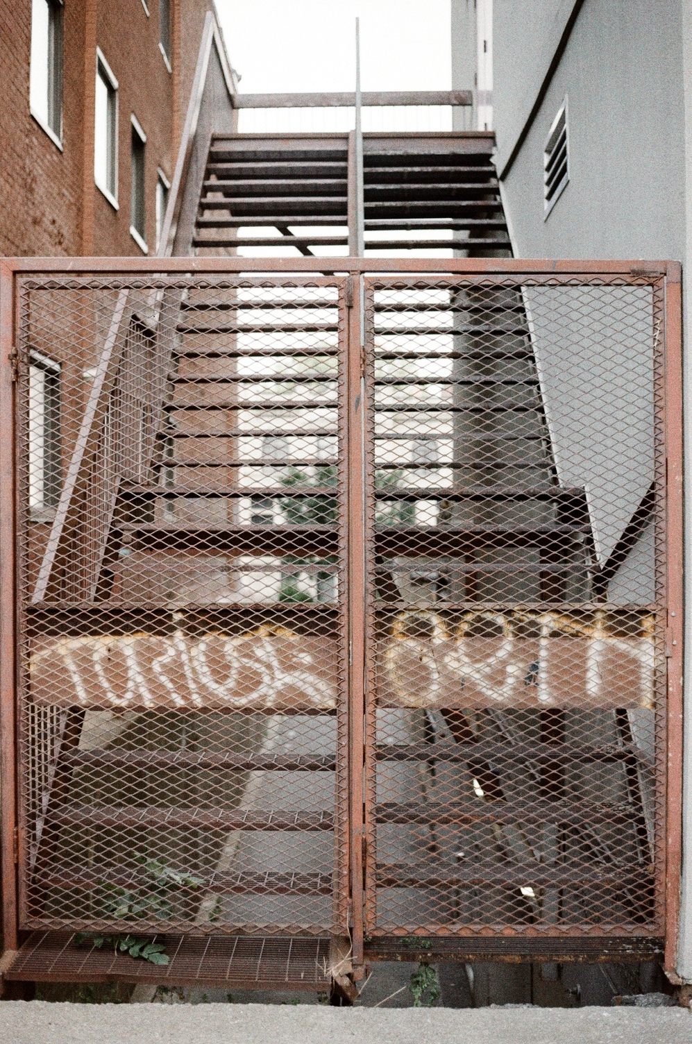 a set of metal fence doors
blocking a double-wide staircase
up the side of a building.