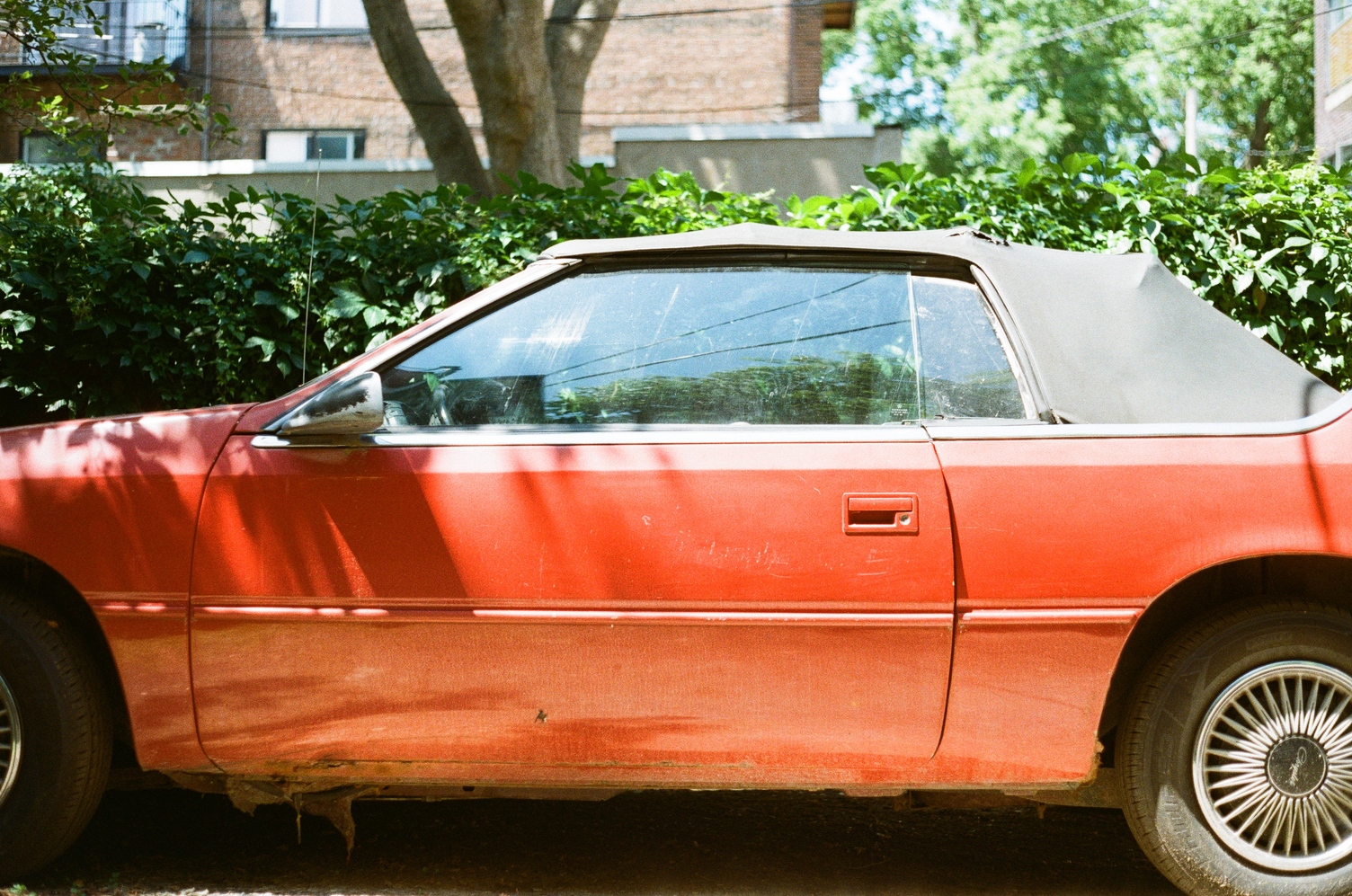 the side of an old red convertible car.
it seems to be decaying a little bit.