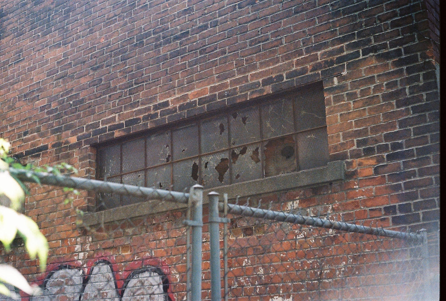 a short, wide factory-looking window
in a dark brick wall behind a fence.
many of the panes of glass are broken.
honestly I'm posting this photo
because I want to take it again
on black & white film.